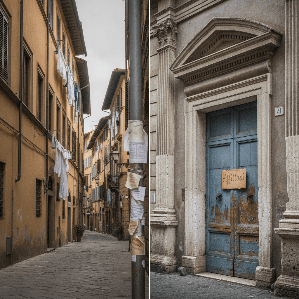 Vicolo fiorentino e strada romana con cartello affittasi, simbolo della scarsità di alloggi e del caro affitti per studenti a Firenze e Roma nel 2026