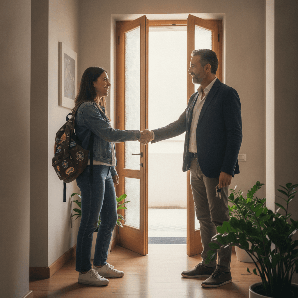 Propietario recibiendo a un estudiante Erasmus internacional en la entrada del apartamento en alquiler