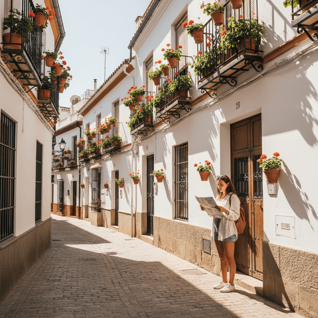 Barrios universitarios de Sevilla: estudiante Erasmus buscando alojamiento en un callejón del casco histórico andaluz