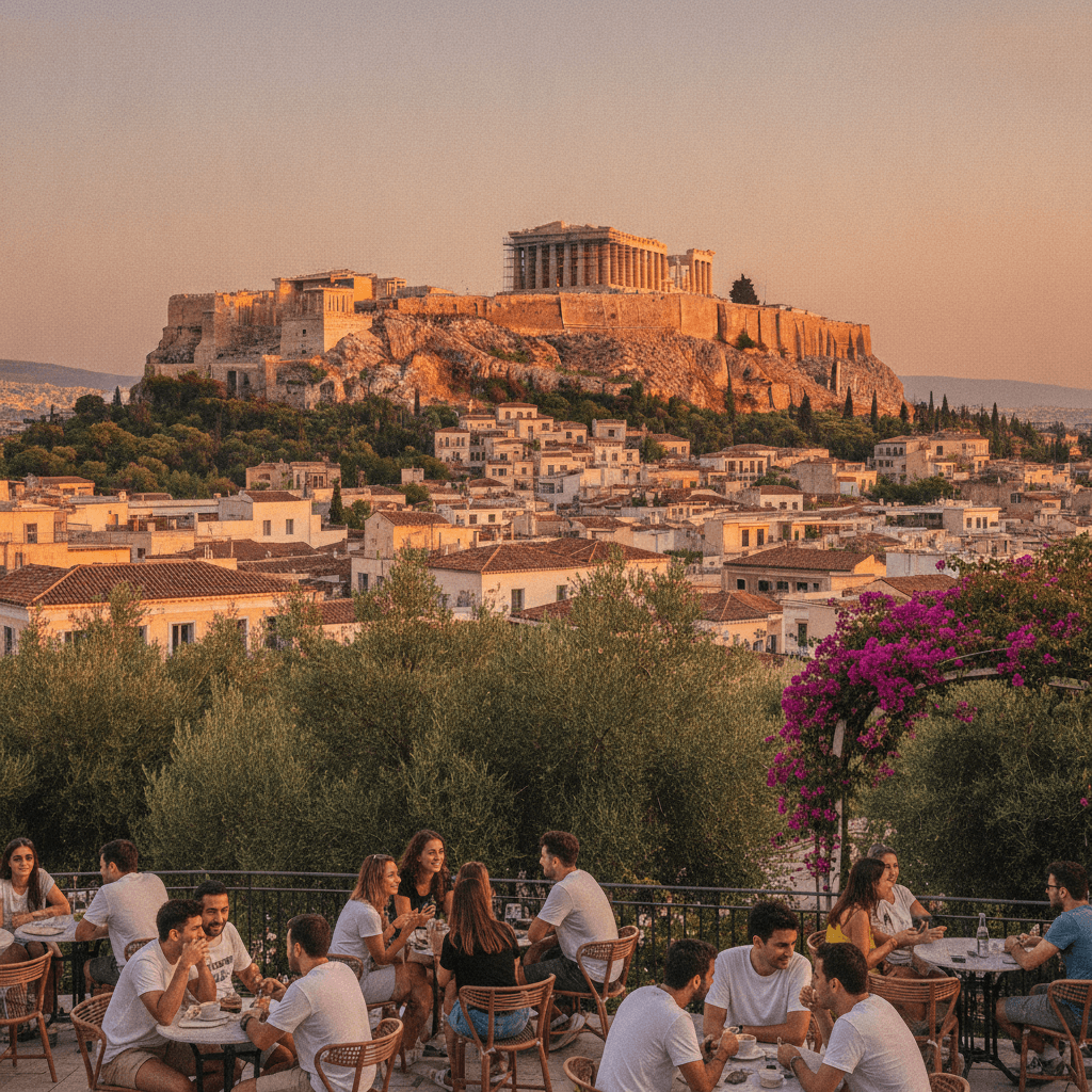 Panorama di Atene con l'Acropoli al tramonto e i quartieri studenteschi di Monastiraki e Plaka
